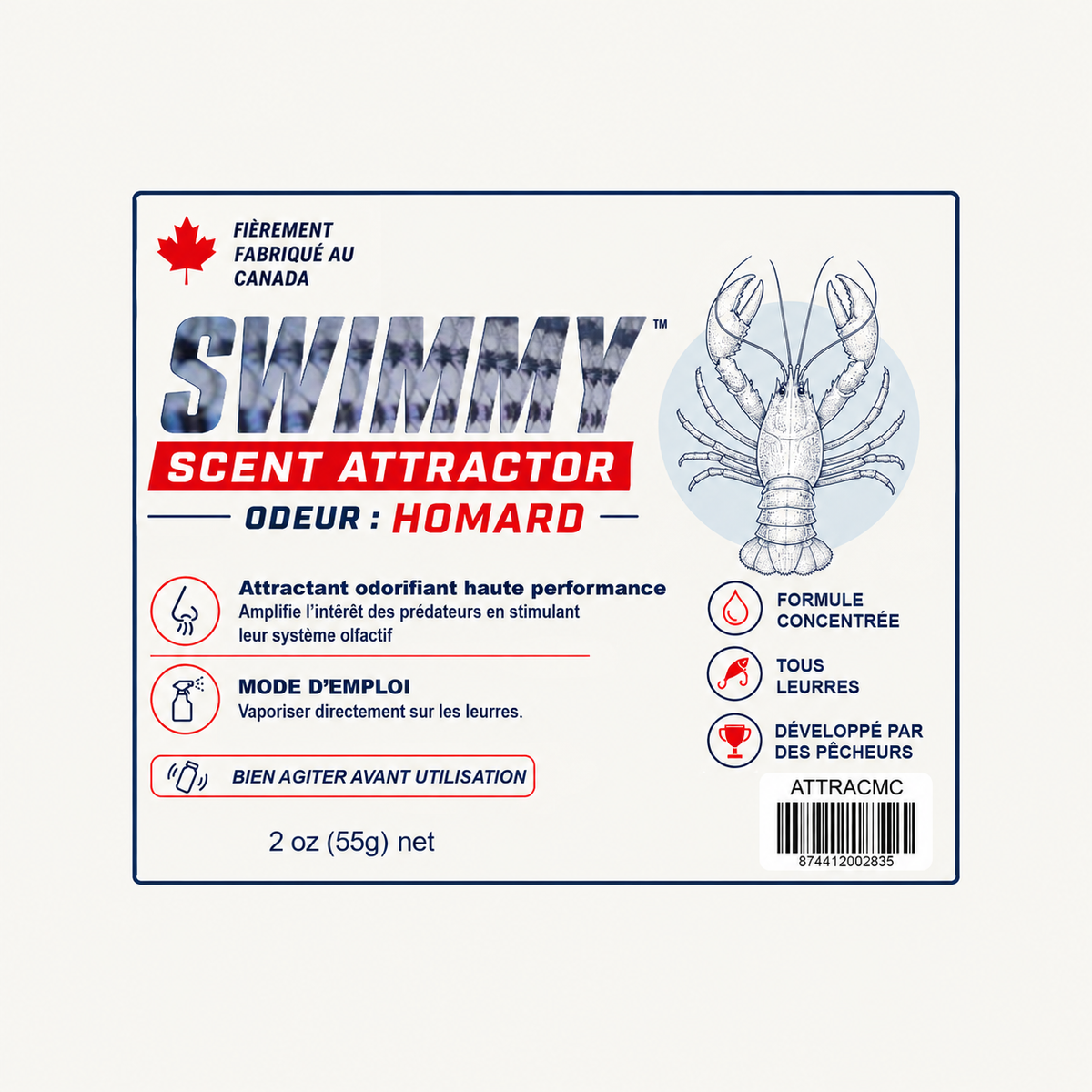Étiquette de l’attractant Swimmy Scent à odeur de homard.