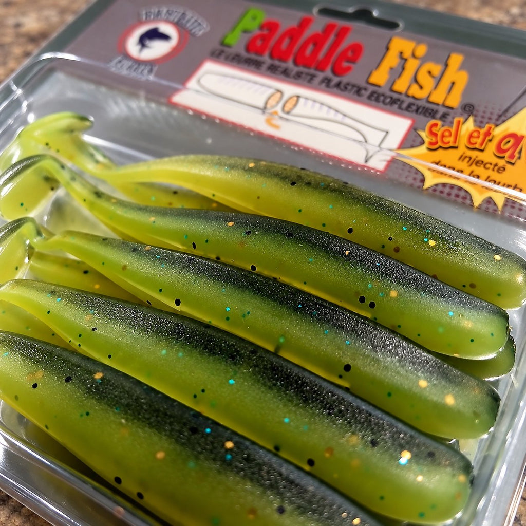 Leurre souple Paddle Fish 3,5 po + Attractant, FIRE GREEN GLOW.