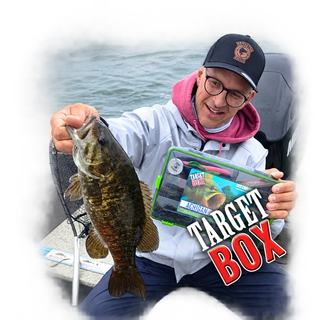 Angler holding a smallmouth bass and a Bass Target Box.