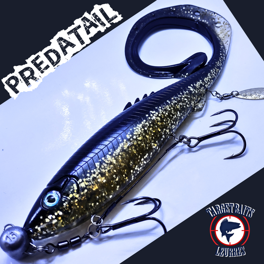 Leurre souple Predatail 9 po avec Shallow Rig, NOIR GOLD.