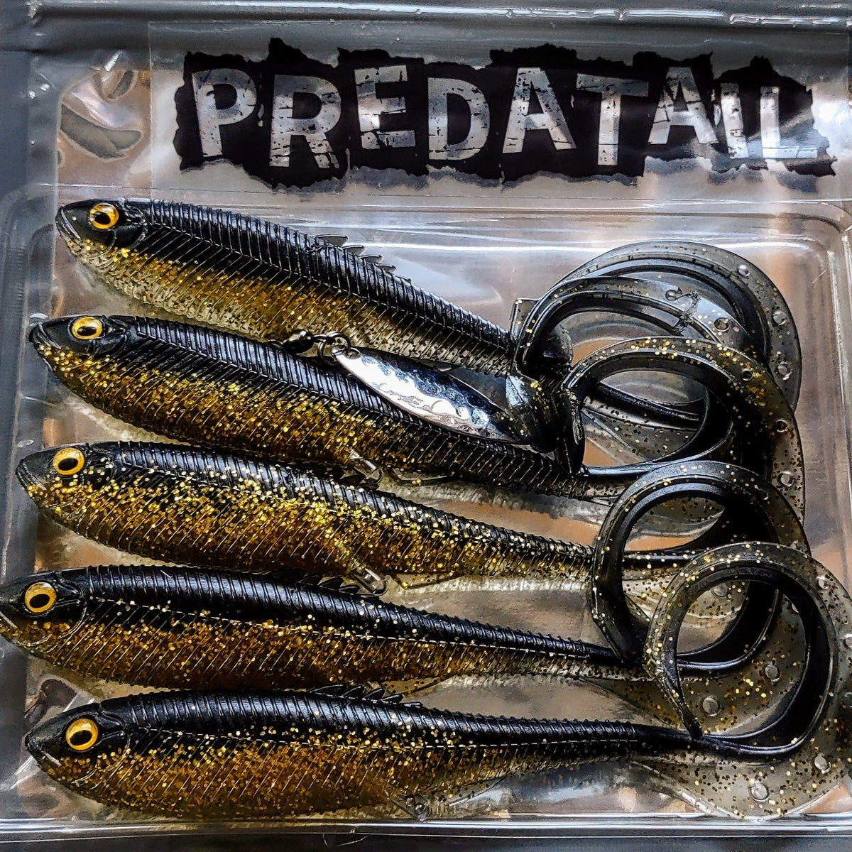 Sachet de leurres Predatail noirs à paillettes dorées, coloris Gold Rush.