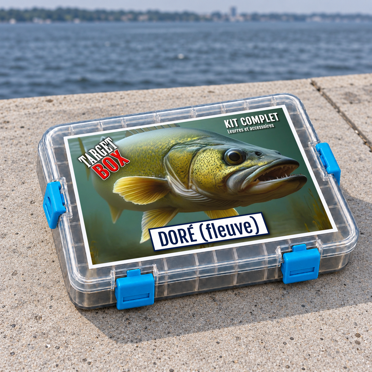 Target Box Doré fleuve de Target Baits Leurres, coffret fermé à attaches bleues sur un quai de béton au bord du fleuve.
