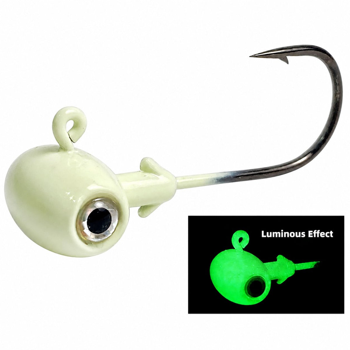 Tête de jig Olive Eyes 3D phosphorescente et aperçu de sa luminescence verte dans le noir.