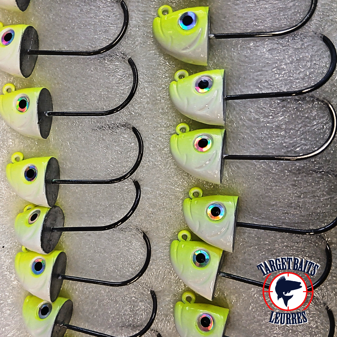 Têtes de jig Shad 3D chartreuse alignées en deux rangées.