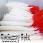 White and red Swimmy Eel lure for striped bass