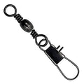 Black swivel with a snap for fishing rigs.