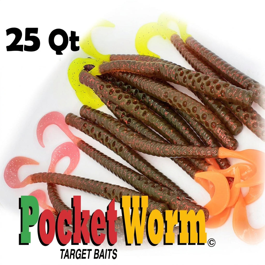 Ensemble de 25 leurres Pocket Worm Target Baits à queues rose, orange et chartreuse.