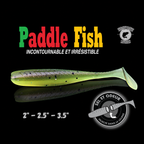 Leurre souple Paddle Fish de 3,5 po vert chartreuse à paillettes noires.