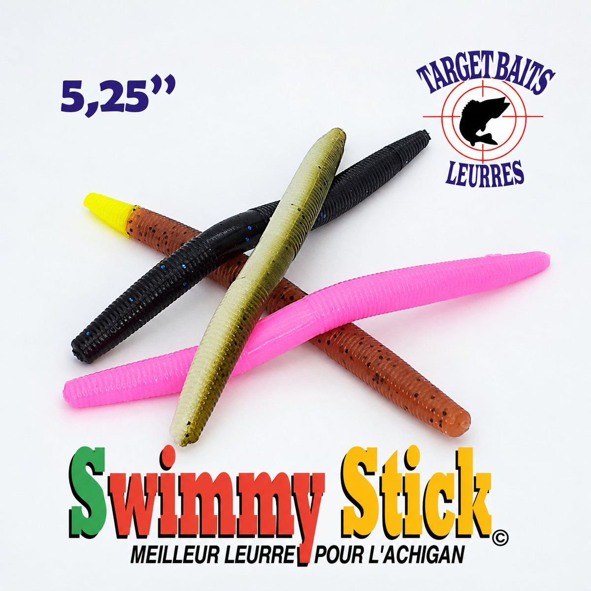 Leurres souples Swimmy Stick de 5,25 po Target Baits en plusieurs couleurs.