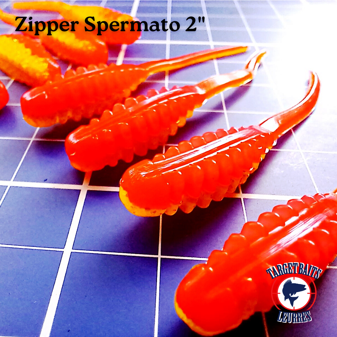 Leurres souples Zipper Spermato orange et roses de 2 po, vus de près.