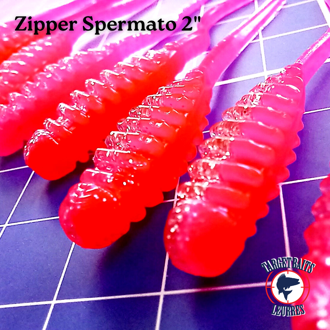 Leurres souples Zipper Spermato roses de 2 po, vus de près.