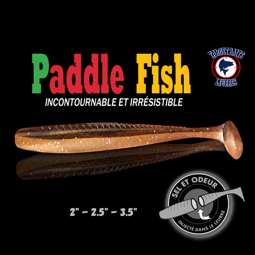 Leurre souple Paddle Fish 3,5 po + Attractant, BLACK GOLD.