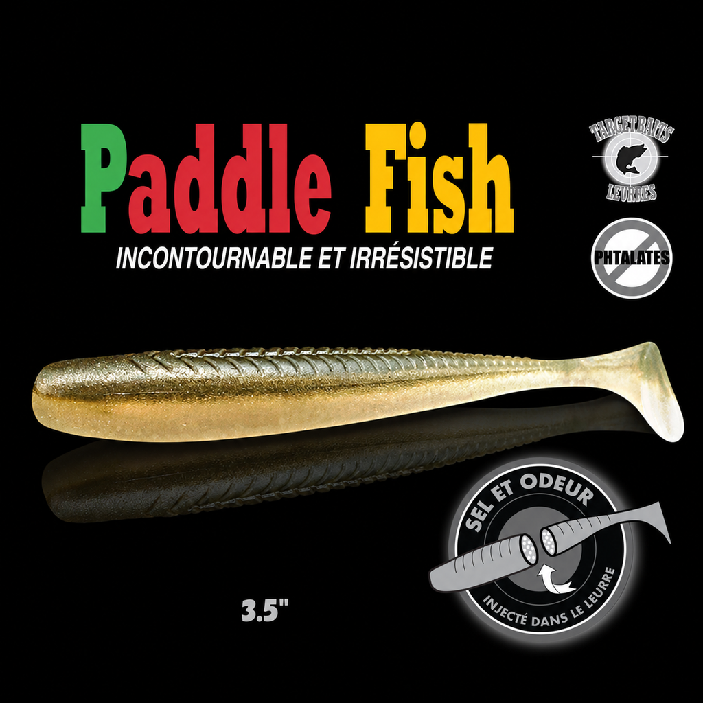 Leurre souple Paddle Fish 3,5 po + Attractant, DOS VERT.