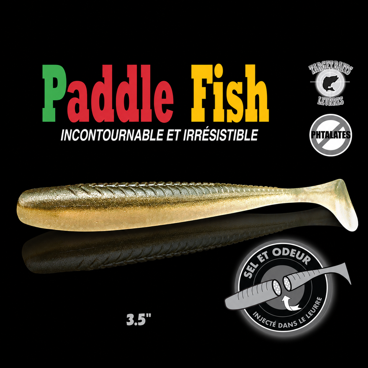 Leurre souple Paddle Fish 3,5 po + Attractant, DOS VERT.