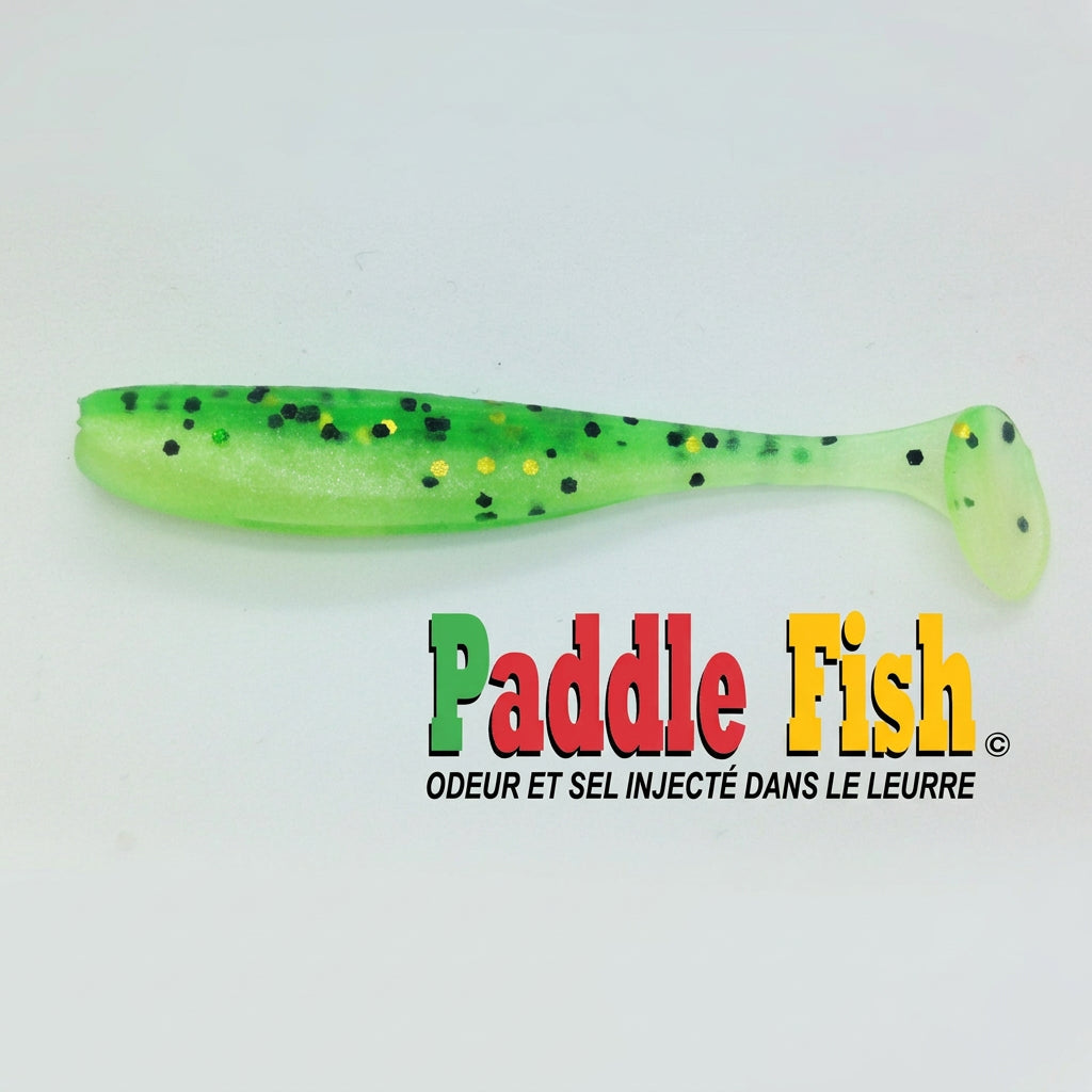 Soft plastic lure Paddle Fish Mini 2-inch + Attractant, VERT GLITTER.