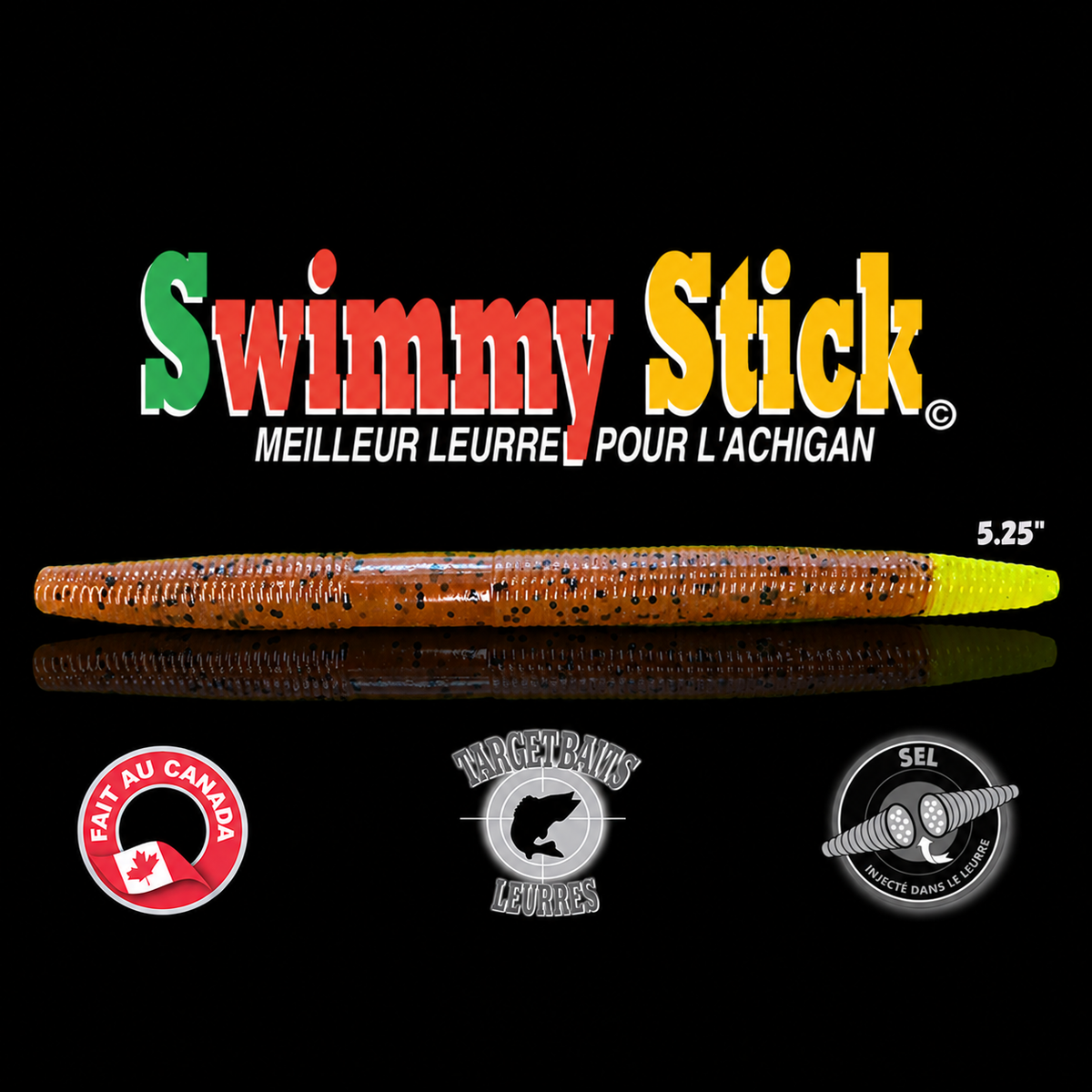 Leurre souple Swimmy Stick 5,25 po, PUMPKINSEED CHARTREUSE TAIL.