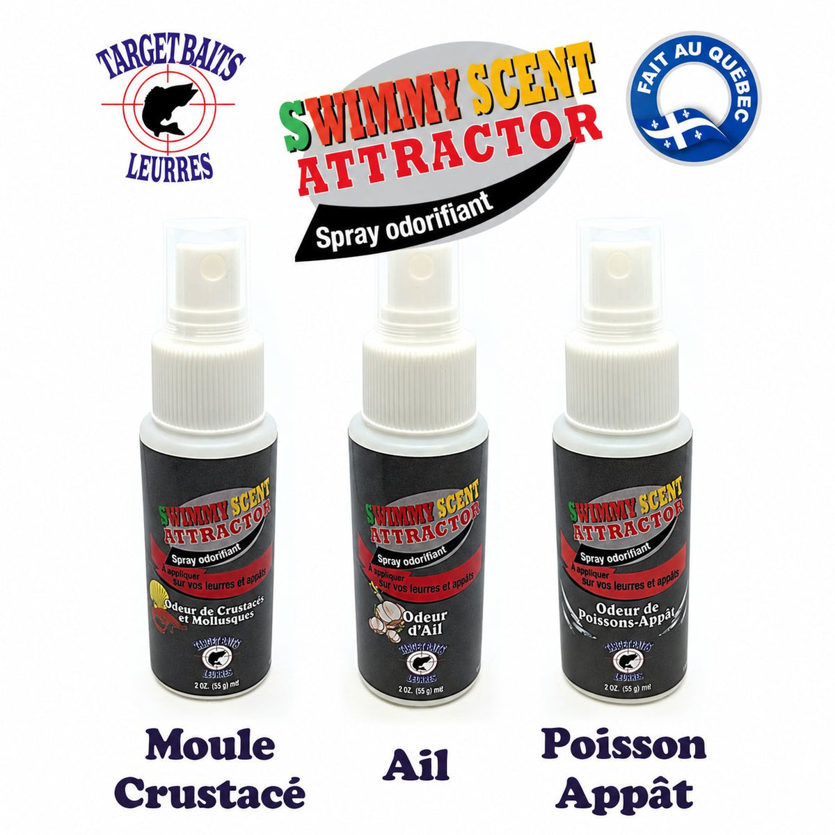 Trois vaporisateurs Swimmy Scent : moule et crustacé, ail, et poisson-appât.